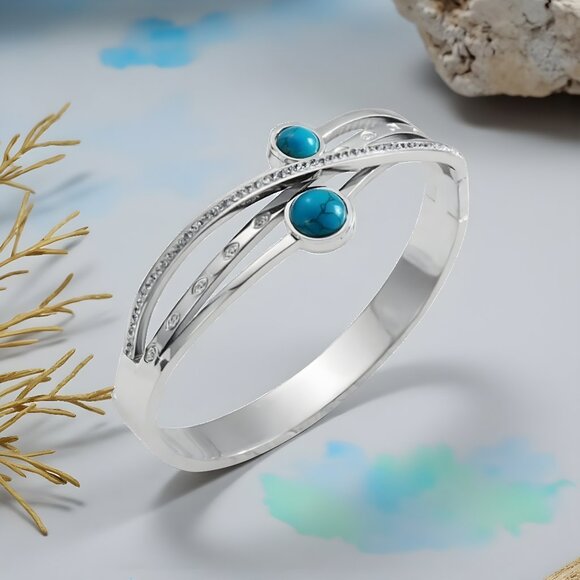 🆕️18K Gold Plated Turquoise & Zirconia Bangle Bracelet | Dainty Elegant & Chic✨ - Picture 1 of 16